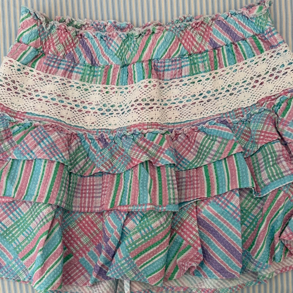 LoveShackFancy Pastel Plaid Ruffled Skirt with Lace Trim